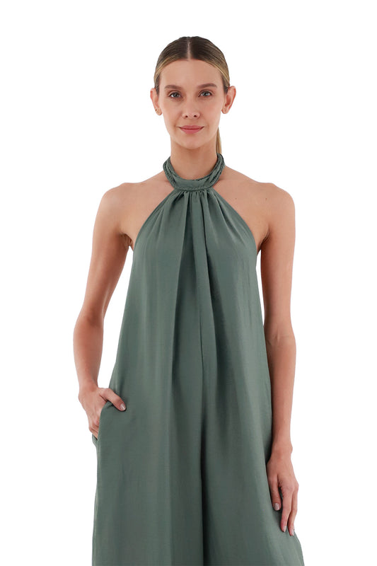 Dark Green Long Wool Jumpsuit