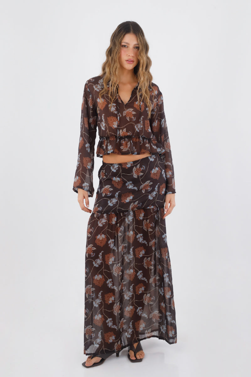 Brown Print Keira Long Skirt