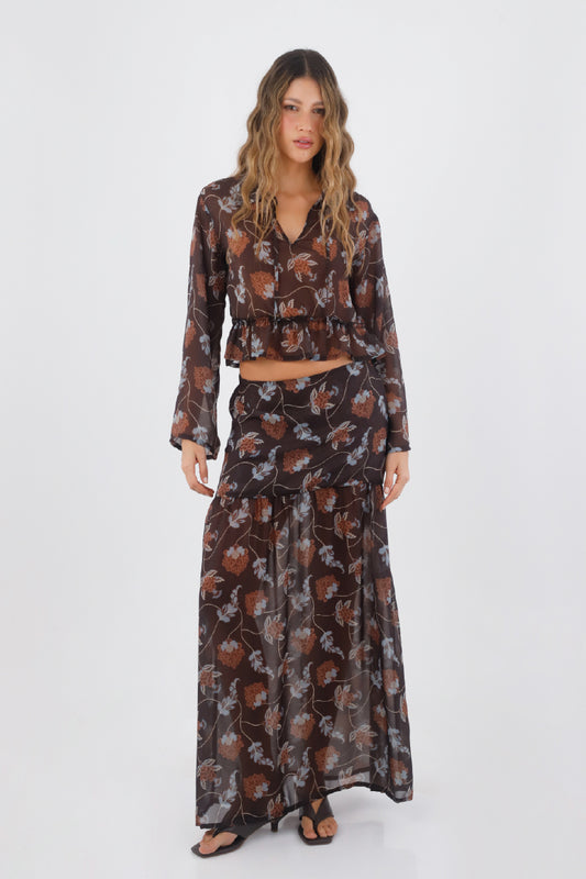 Brown Print Keira Long Skirt